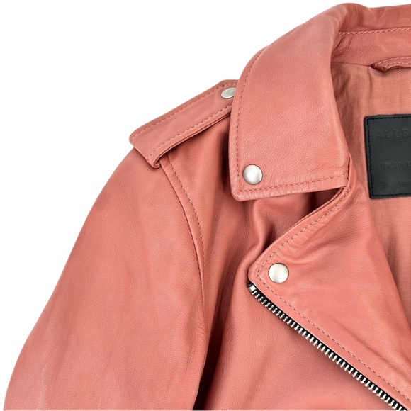 All Saints Balfern Biker Jacket - Coral Pink Red Lamb Leather Belted Jacket sz 6 - Picture 7 of 16
